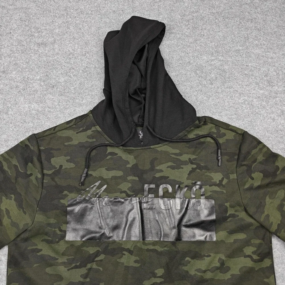 Marc Ecko Shirt Mens Large Green Camo Hooded Flag Graphic‎ Tee Zipper Cut & Sew